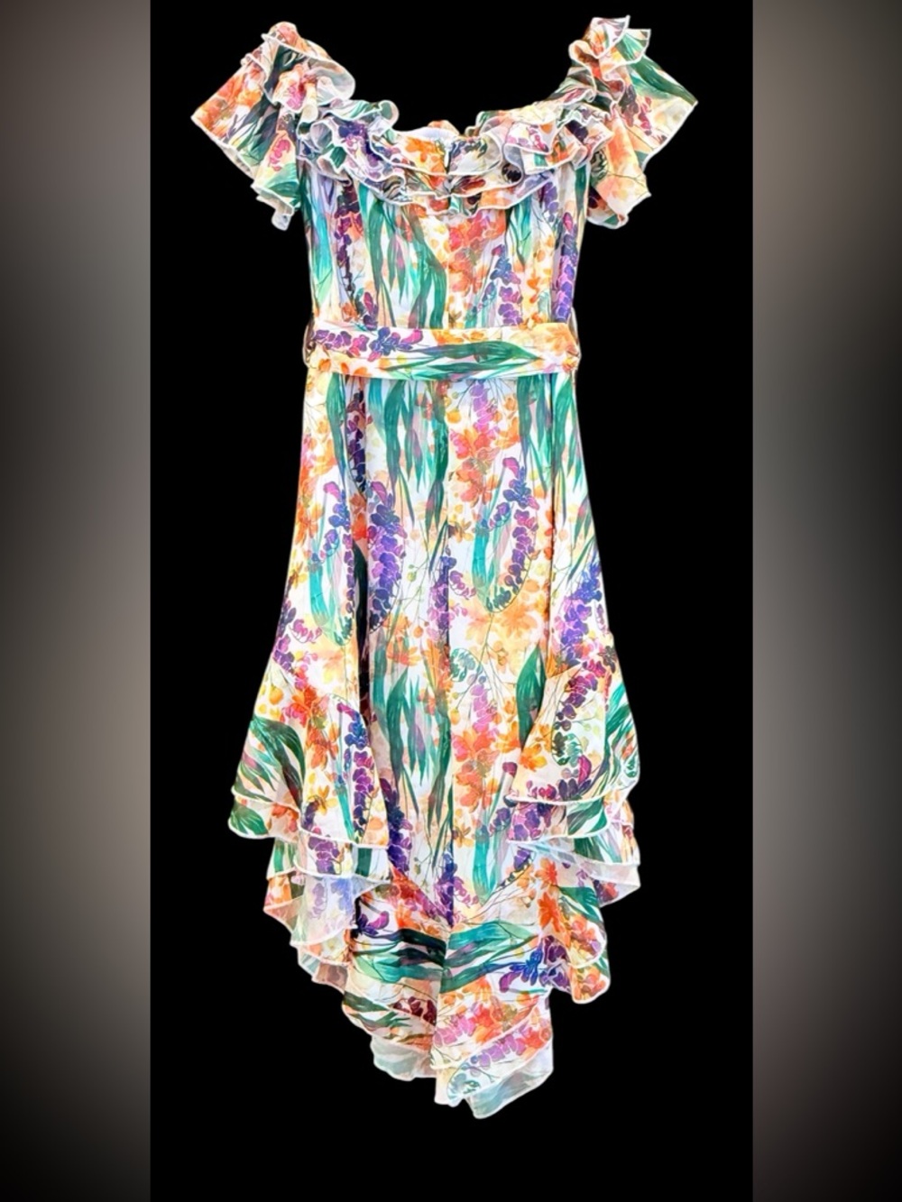 Aloud Floral High-Low Ruffle Dress in Green, Orange, Purple
